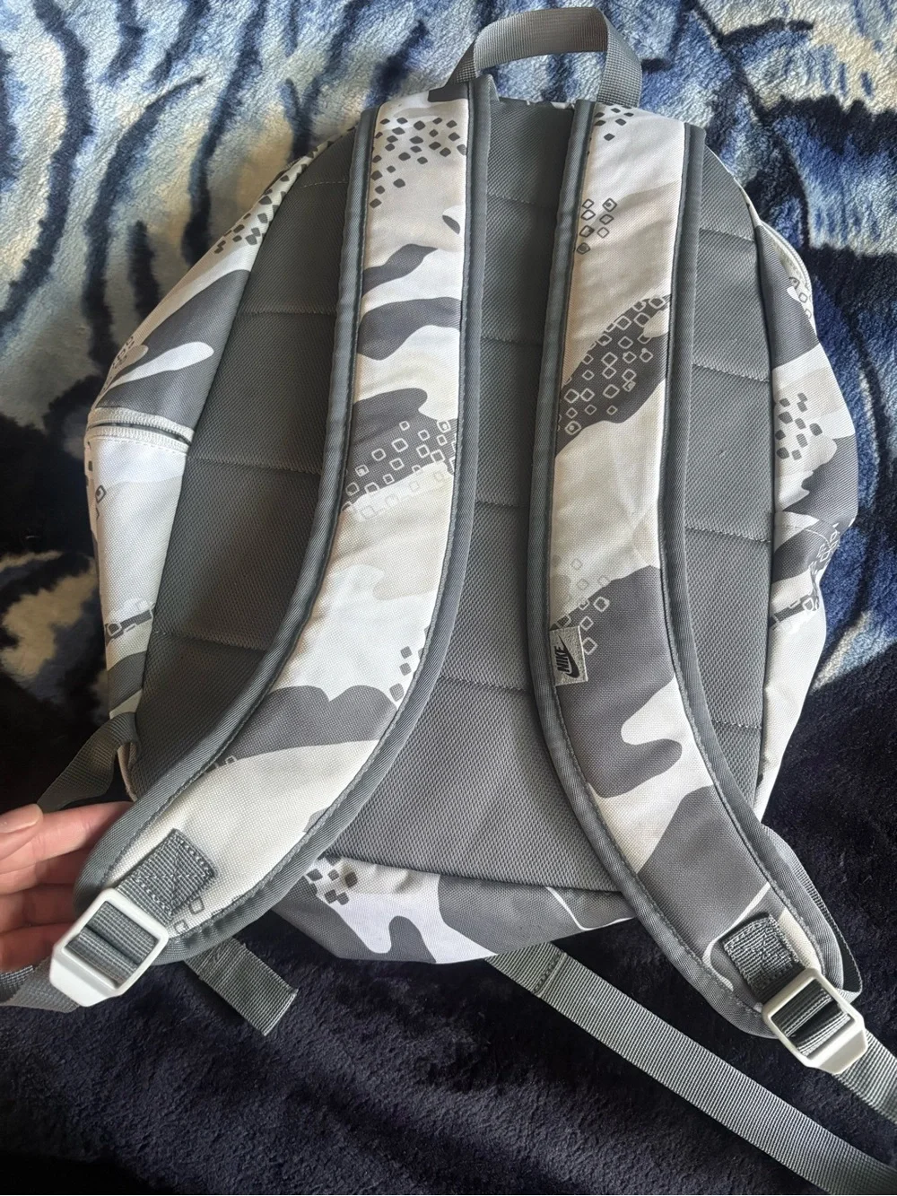 Nike Grey & White Camo Backpack with Black Logo
